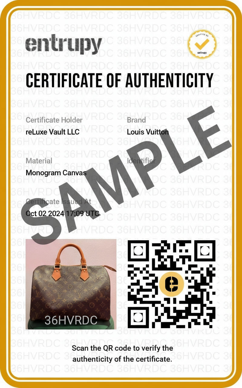Entrupy Certificate of Authenticity for a Louis Vuitton handbag with QR code and product image.