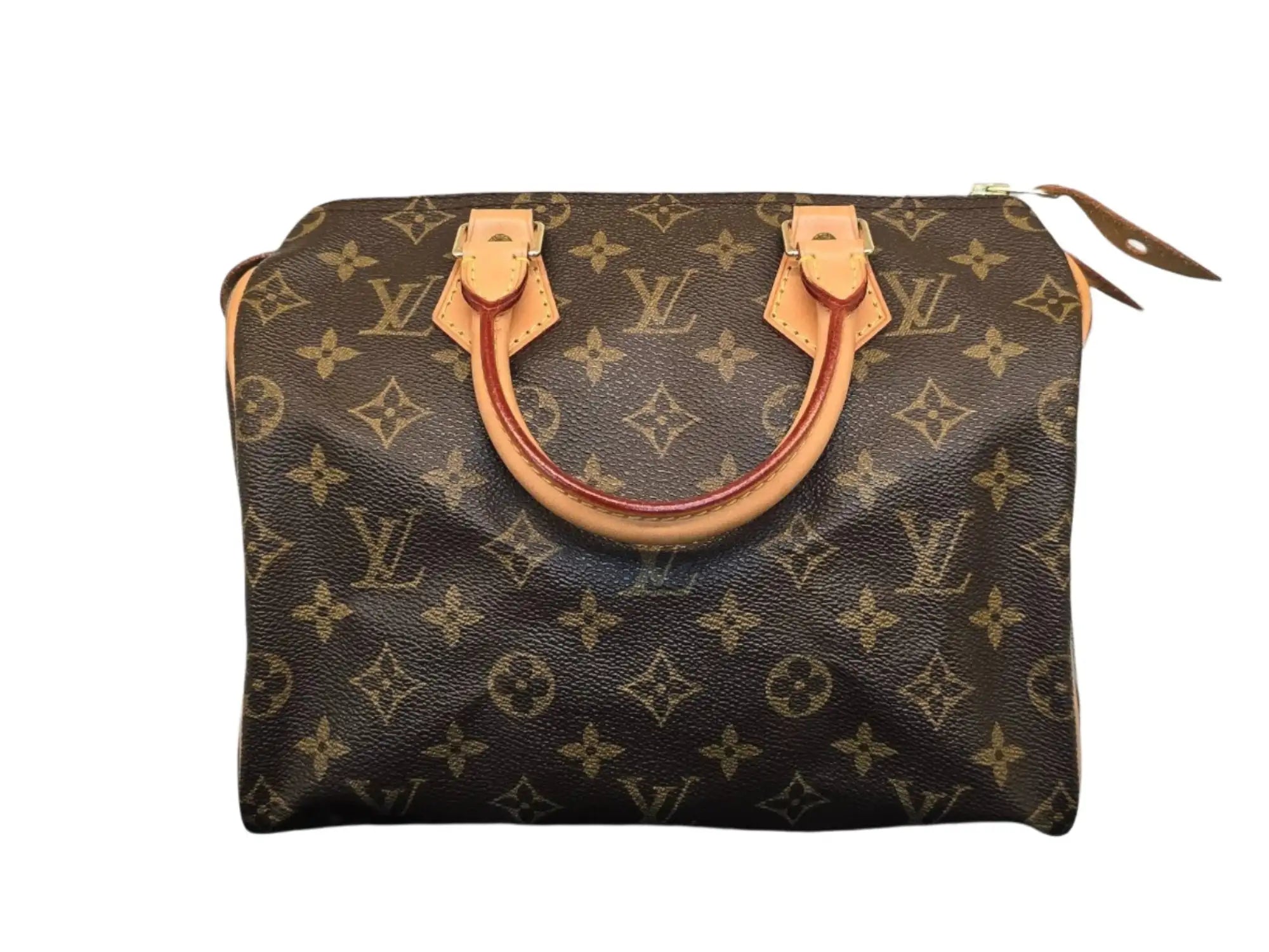 Brown monogram canvas handbag with tan leather handles and trim.