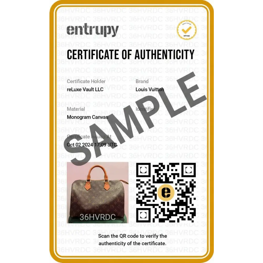 Entrupy Certificate of Authenticity for a Louis Vuitton handbag with QR code and product image.