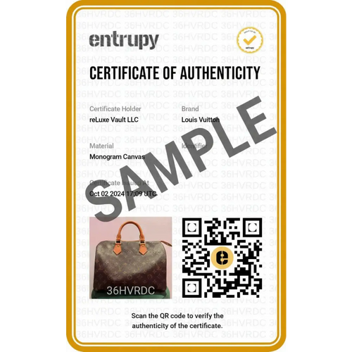 Load image 1 in gallery view. Entrupy Certificate of Authenticity for a Louis Vuitton handbag with QR code and product image.