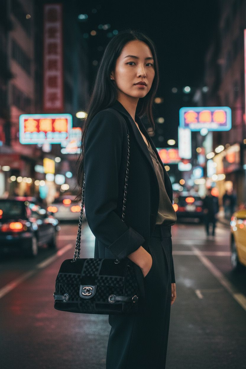 Woman holding a black handbag on a city street at night with neon signs in the background