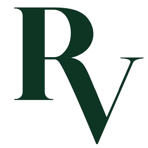 Dark green serif lettering spelling ’rv’.