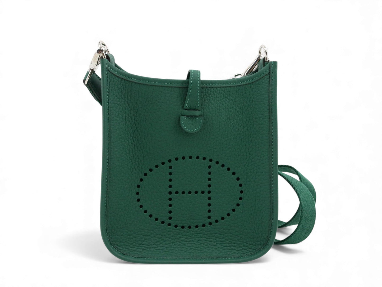Green handbag with a H logo on a white background