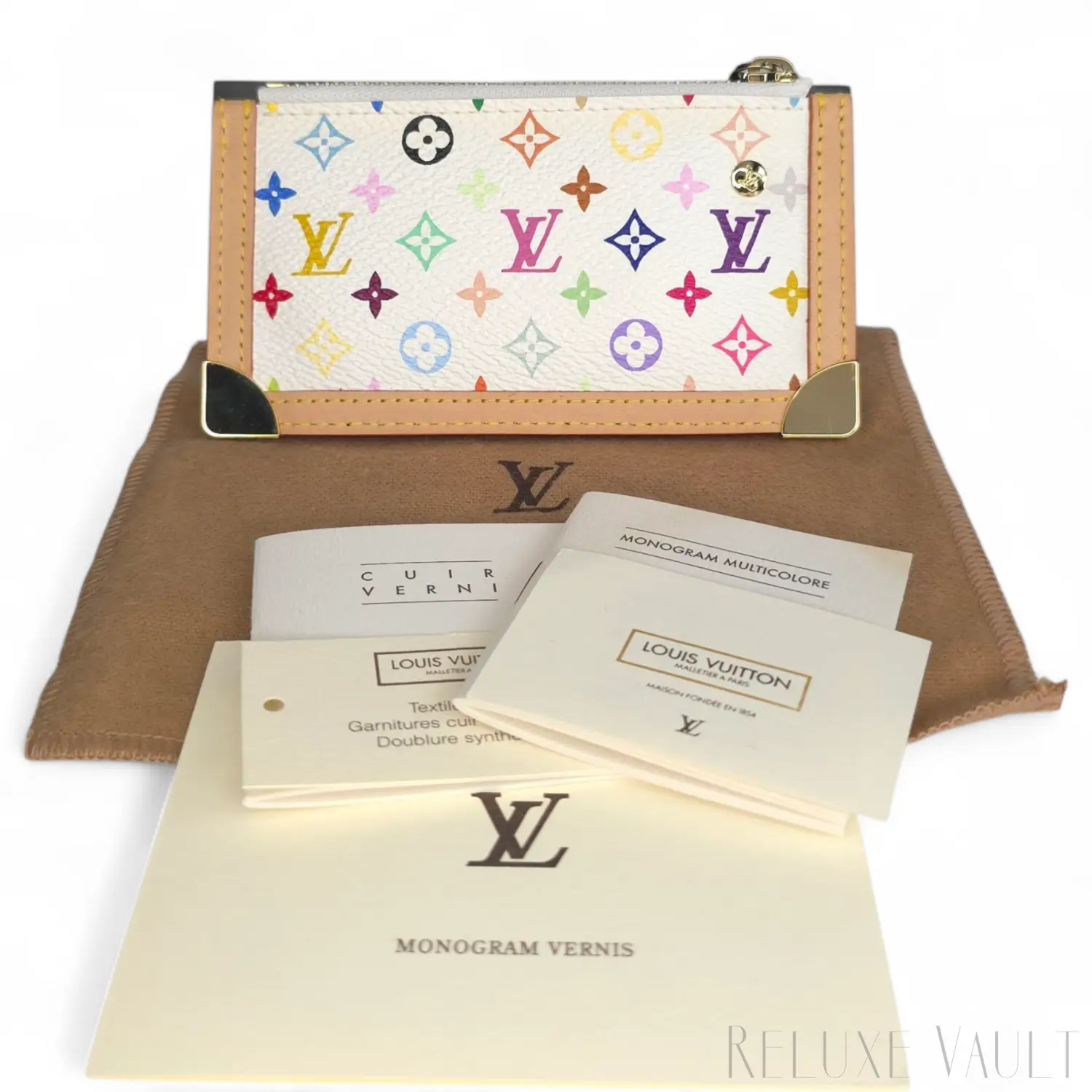 Authentic Louis Vuitton x Takashi Murakami Multicolore  Pochette Cles Coin Purse in white, pre-owned luxury key chain pouch listed by Reluxe Vault.