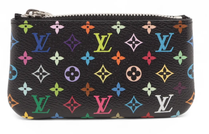 Louis Vuitton LV X TM black monogram pouch with a colorful multicolor monogram pattern and silver zipper.