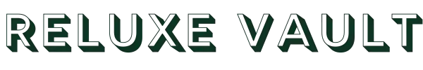 Reluxe vault logo in bold, dark teal lettering with a subtle gradient and textured finish.